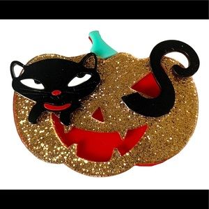 Acrylic Black Cat and Pumpkin Halloween brooch pin laser cut